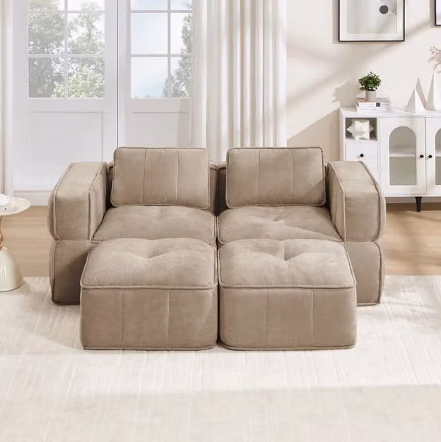 Divano modulare 2 posti con 2 pouf 198x162x67 cm in poliestere; sabbia