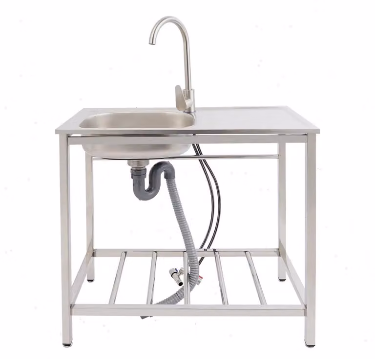 Lavello industriale – Lavello freestanding con piano di lavoro – Completo di rubinetto – Lavello a vasca singola – Acciaio inossidabile 201 – 75x40x75 cm – Capacità di carico 40 kg – Argento