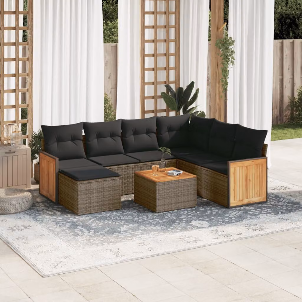vidaXL Set Divano da Giardino 8 pz a L in Polyrattan Grigio con Cuscini e Tavolino – 1