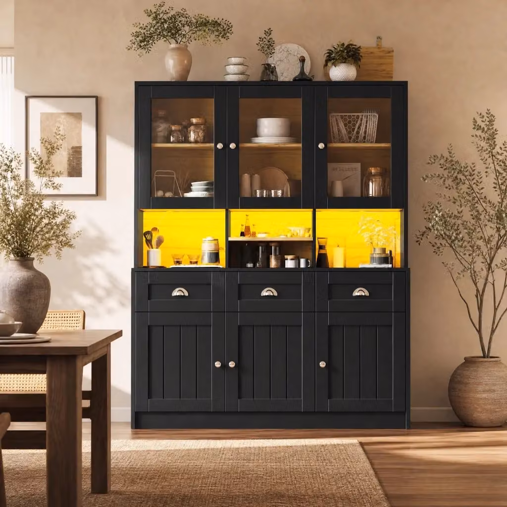 Credenza moderna Mivray per cucina e soggiorno in MDF nero con 3 cassetti, 6 ante, vani regolabili e illuminazione LED integrata L/P/H: 140 x 40 x 175 cm – 2