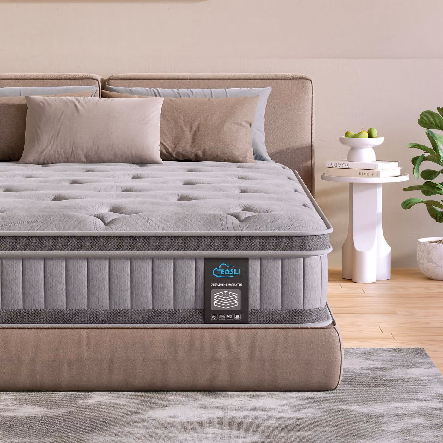 Materasso a molle insacchettate in gel TeQsli, dimensioni 140x200 cm, livello di supporto H3, certificazioni Öko-Tex e CertiPUR