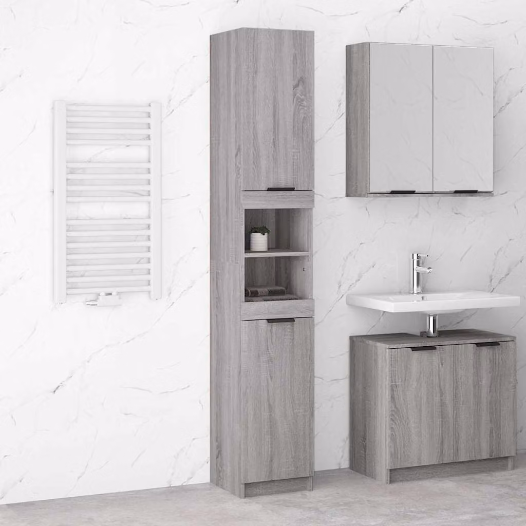 Armadietto da bagno moderno vidaXL in legno multistrato e MDF, colore grigio Sonoma, sospeso a parete, L: 32 cm, P: 34 cm, H: 188,5 cm