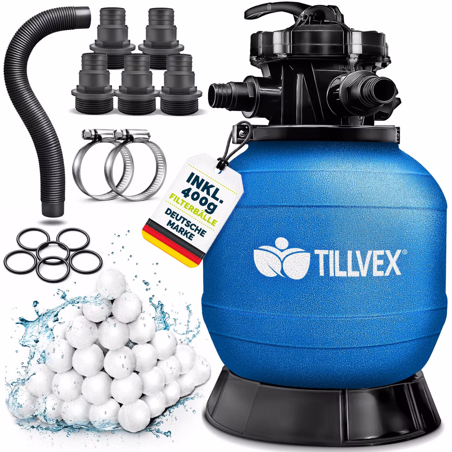 Filtro a sabbia per piscina tillvex® senza pompa + 400 g di sfere filtranti per piscine fino a 21 m³ (21.000 litri) | Vasca del filtro per piscina con adattatore Ø 32-38 mm | Vasca del filtro a sabbia con valvola a 7 vie, manometro e tubo di aspirazione