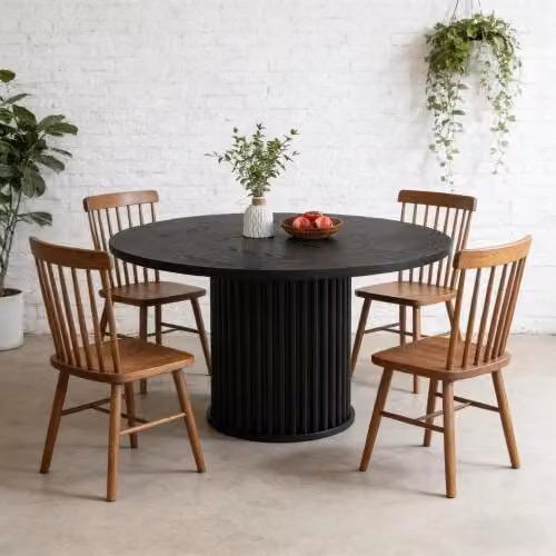 Tavolo da pranzo rotondo Mivray nero con piano in MDF laminato e base in metallo a colonna centrale – 2
