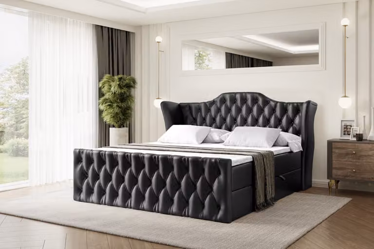 Letto boxspring ALTDECOR VILA-Z, letto imbottito con testiera, contenitore e pediera - Materasso di media rigidità (H3) - 160x200 - Ecopelle nera