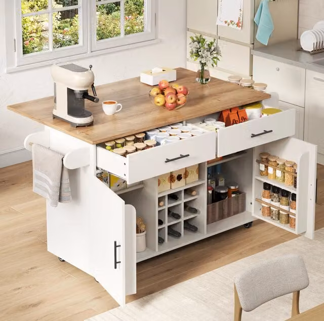 Isola cucina mobile bianca con piano di lavoro ribaltabile e ripiani, 2 cassetti, portabottiglie e porta asciugamani, 120x45x84 cm