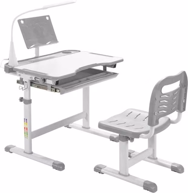 Set scrivania e sedia per bambini con piano inclinabile e luce LED, regolabile in altezza, Grigio e Bianco