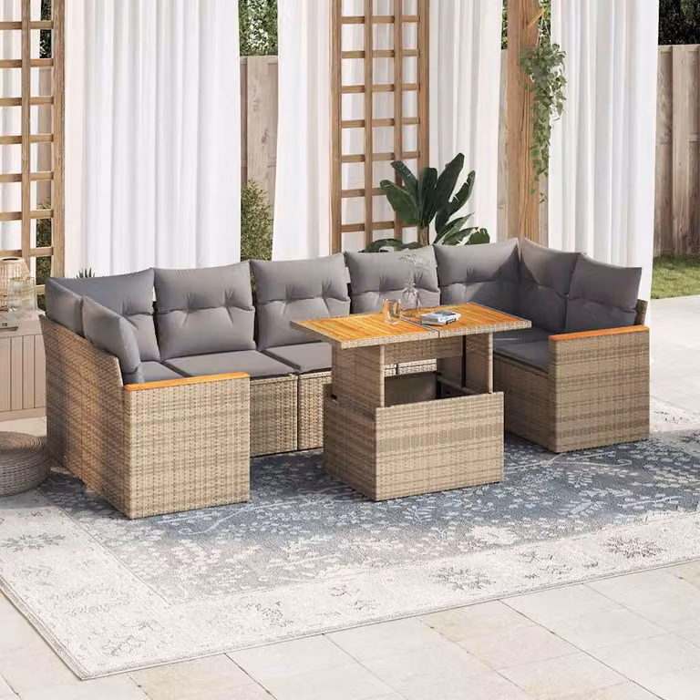 Set Divano da Giardino vidaXL 8 pz in Polyrattan e Legno di Acacia con Cuscini Beige e Grigio a Forma di L con Tavolino da Caffè