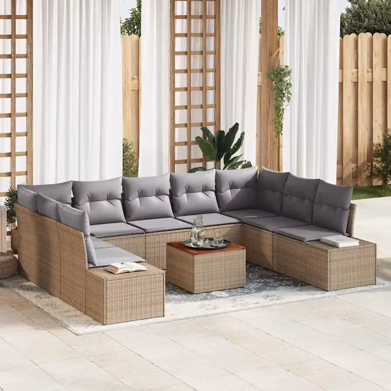 Set Divano da Giardino vidaXL a forma a U composto da 10 pezzi con tavolino e cuscini beige e grigio