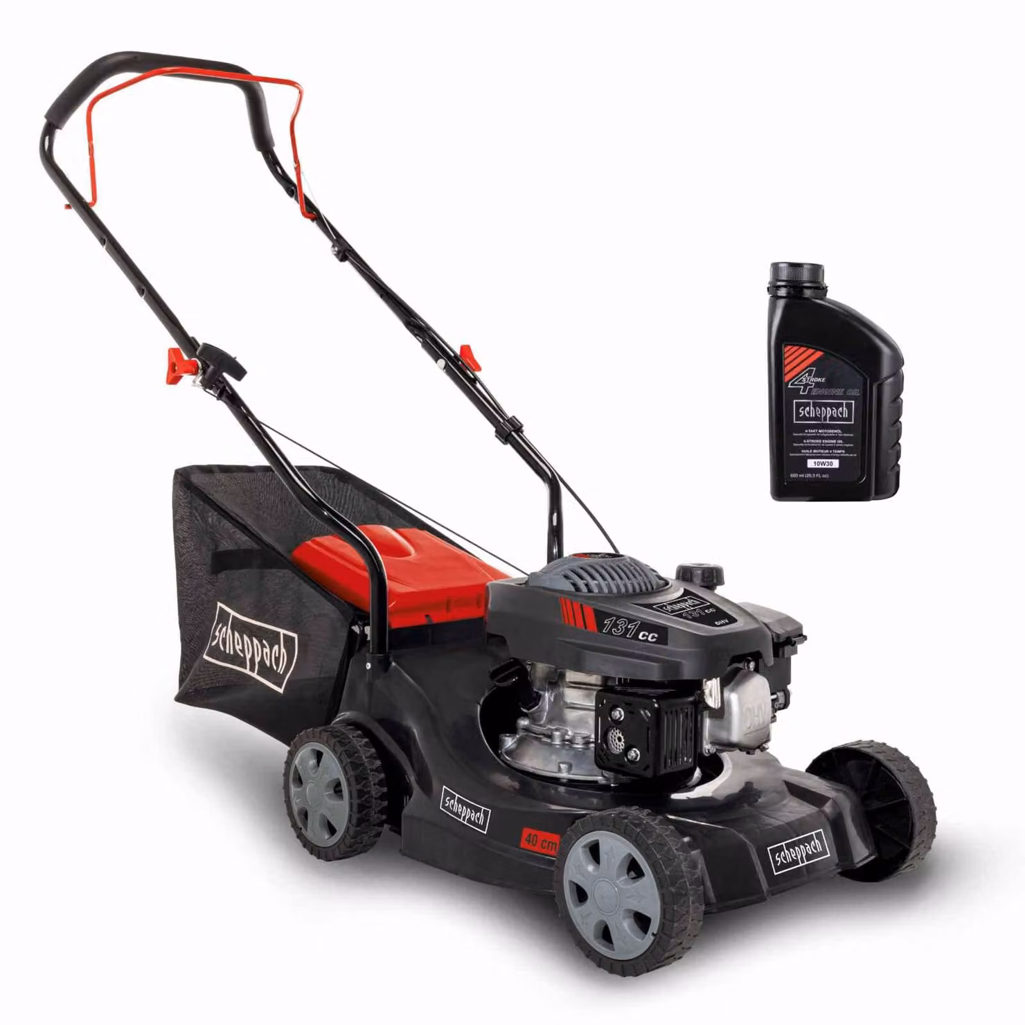 Tosaerba a benzina Scheppach MP132-40 | Potenza 3,3 CV | Larghezza di taglio 40 cm | Regolazione dell'altezza di taglio a 3 livelli | Cestello di raccolta da 35 litri | Olio motore incluso
