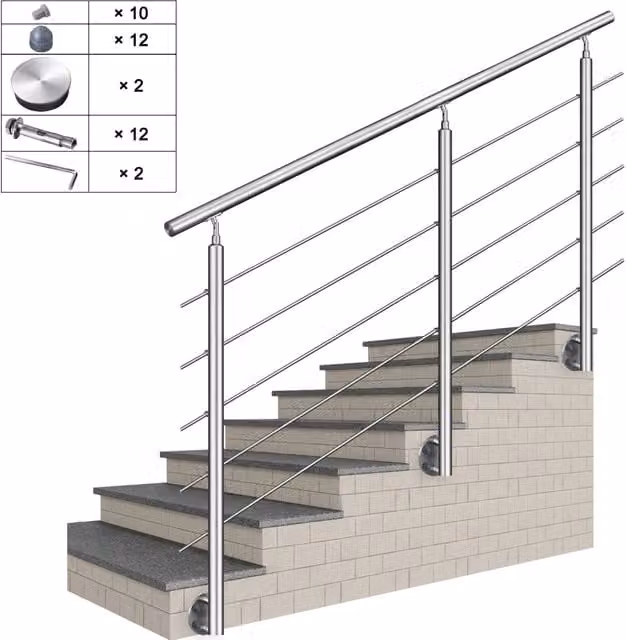Ringhiera Balaustra con Corrimano AlCA in Acciaio Inox 304 Spazzolato Argento per Scale, Fissaggio a Parete, Interni ed Esterni, L: 240 cm, H: 118 cm