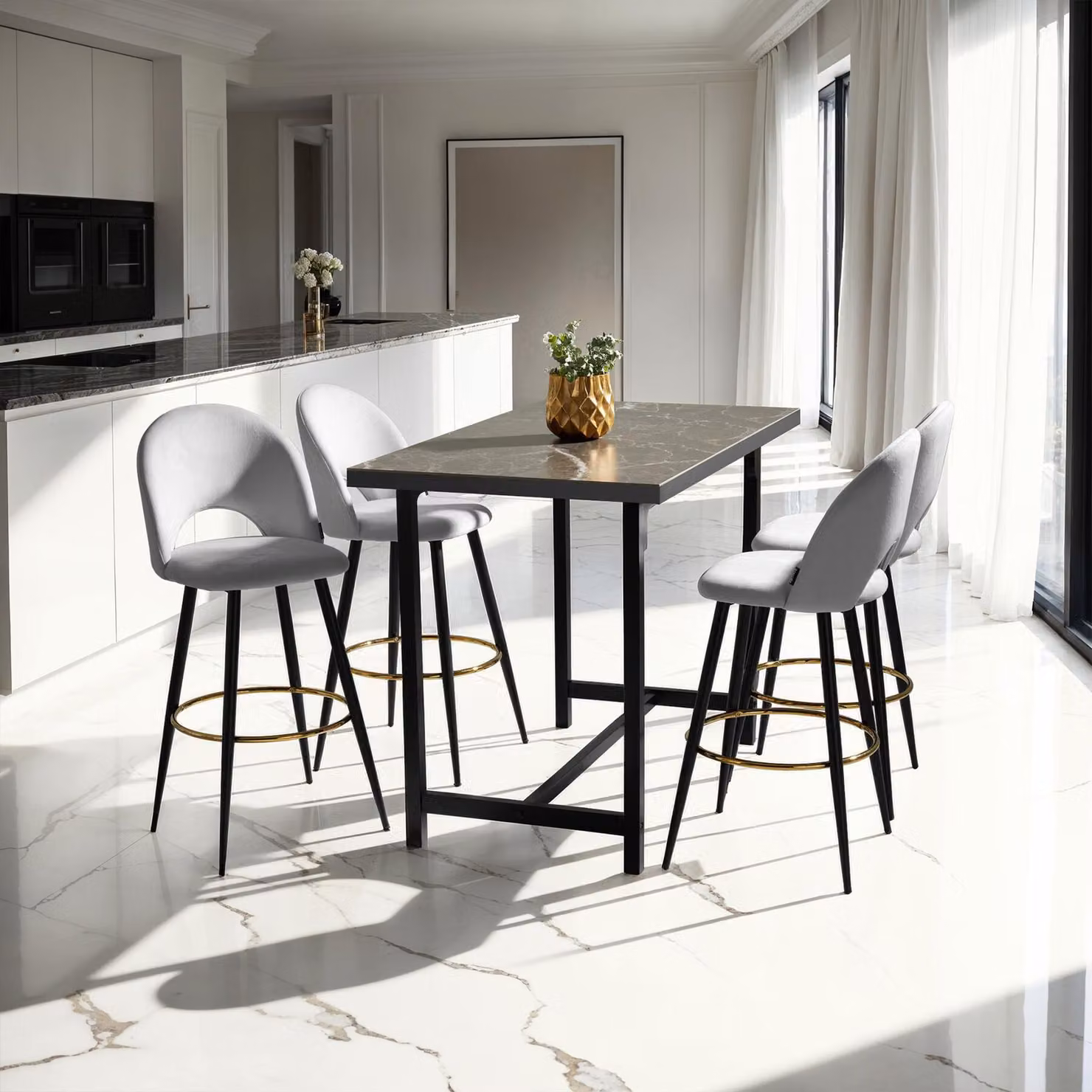 Set di 2 sgabelli Sachel con schienale TecTake in velluto grigio chiaro e nero per cucina e sala da pranzo – 2