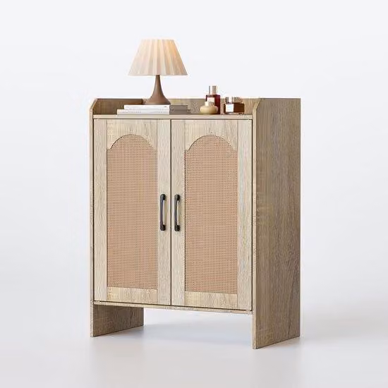 Armadio con 5 cassetti in legno tenero e rattan, autoportante, con ripiani regolabili, color marrone