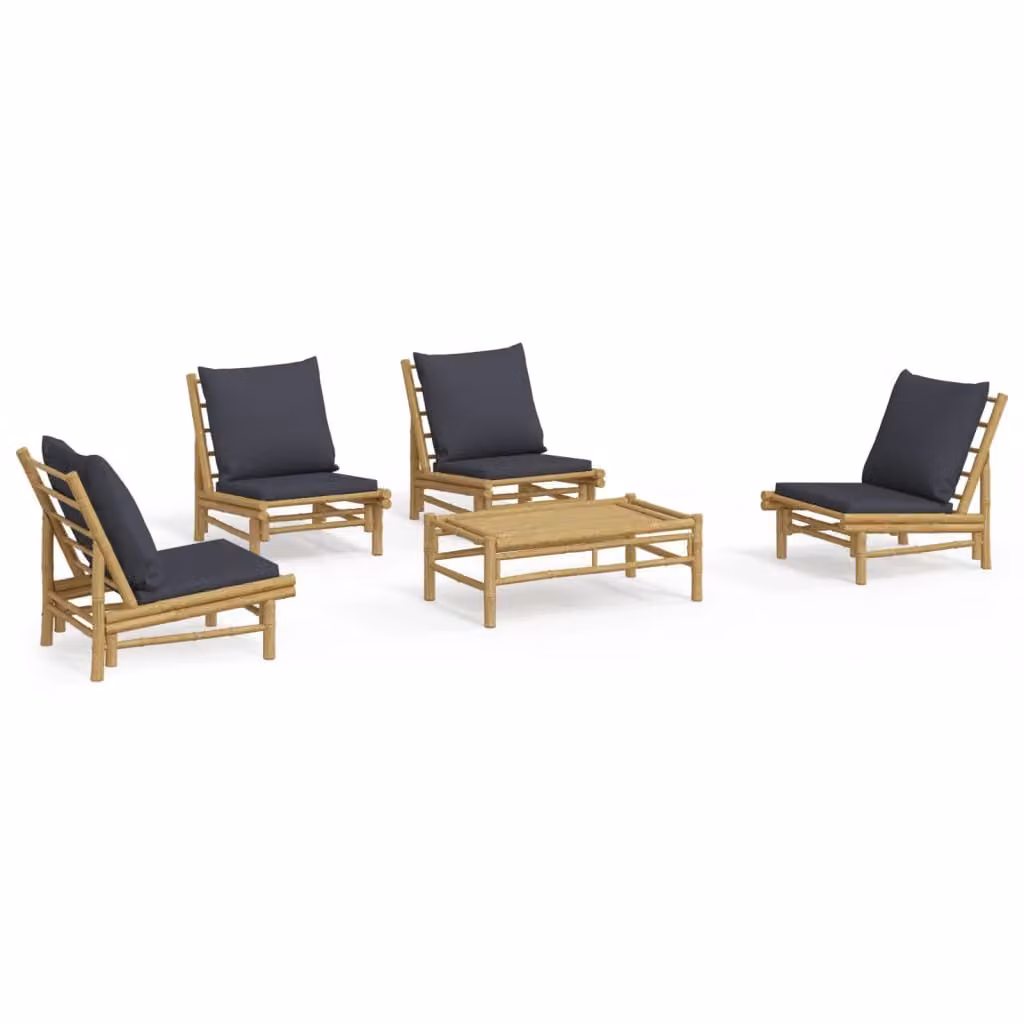 Set Salotto da Giardino 5pz con Cuscini Grigio Scuro Bambù