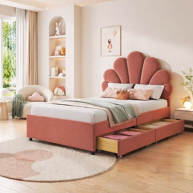 Letto singolo imbottito in velluto rosa con 2 cassetti L 90 cm x P 200 cm x H 203 cm