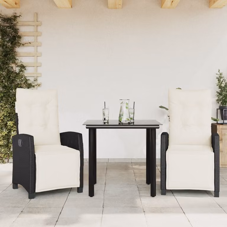 Set da pranzo da giardino vidaXL in polyrattan nero con cuscini e tavolo in vetro per 3 persone