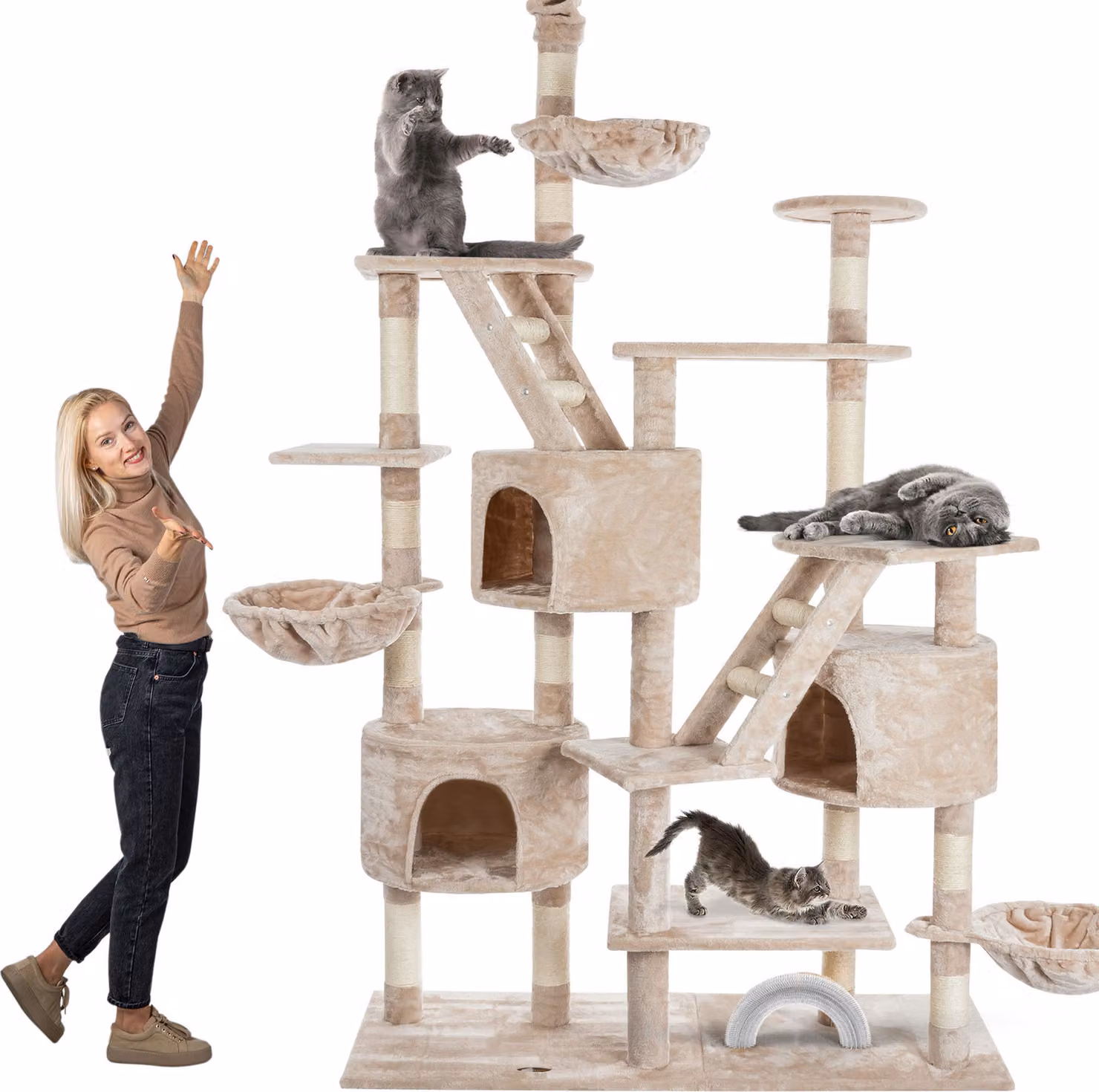 HAPPYPET tiragraffi alto 260 cm, albero rampicante SAM - grande albero per gatti XXL stabile per più gatti, colonne stabili da 8 cm, con accessori, beige