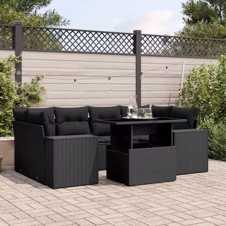 vidaXL Set Divano da Giardino a L con 7 Cuscini Nero e Tavolino in Vetro