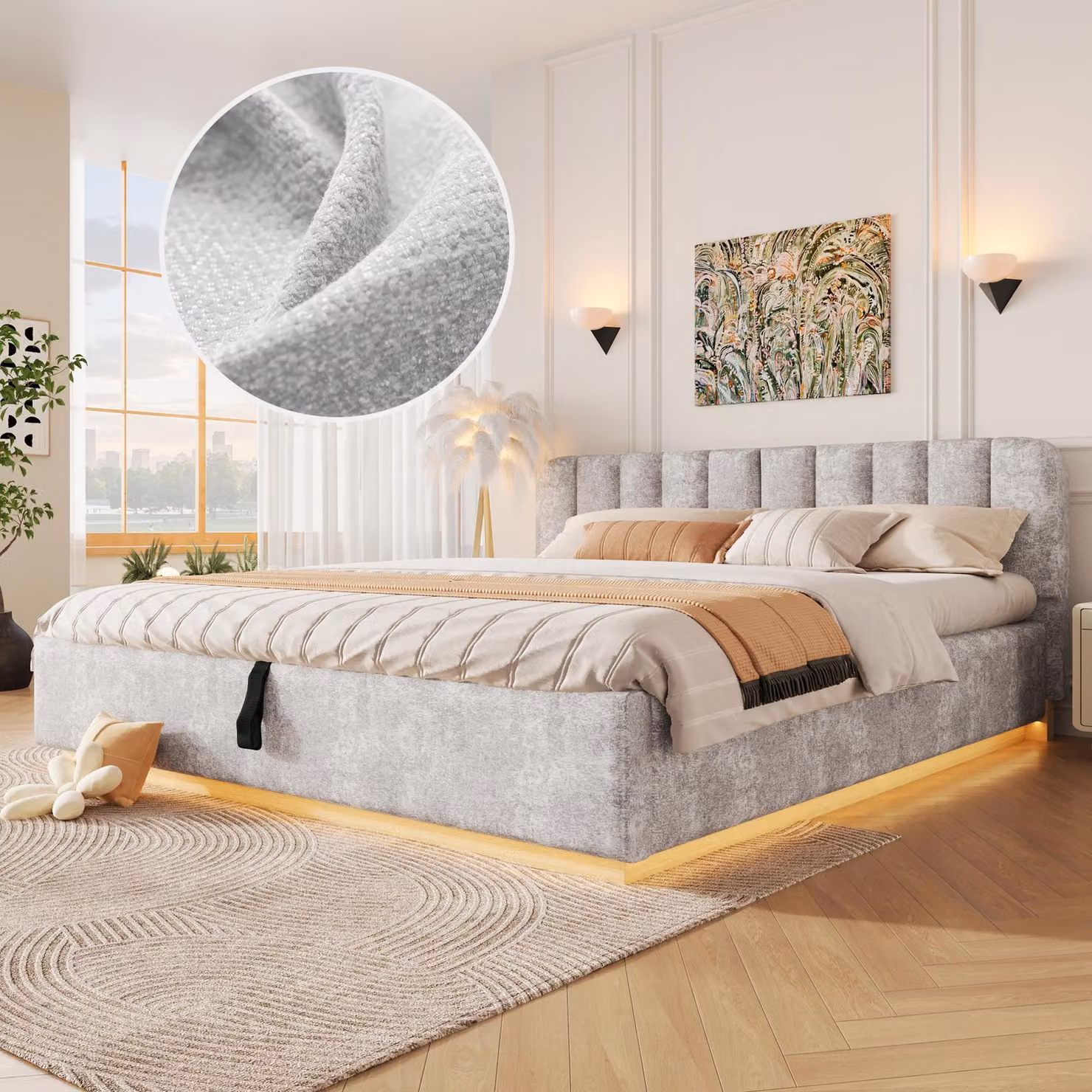 Letto imbottito 180 x 200 cm con contenitore a sollevamento idraulico, illuminazione a LED, testiera imbottita e rete a listelli, rivestito in tessuto effetto velluto, colore grigio chiaro