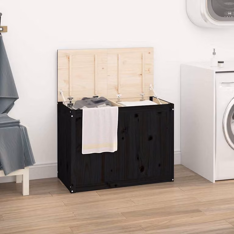 Contenitore per bucato vidaXL in legno massello di pino, colore nero, L: 88,5 cm, P: 44 cm, H: 66 cm