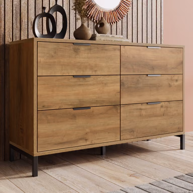 Cassettiera Sweiko, credenza con 6 cassetti, 120 x 40 x 76 cm in rovere scuro, credenza alta per camera da letto e tutti i soggiorni