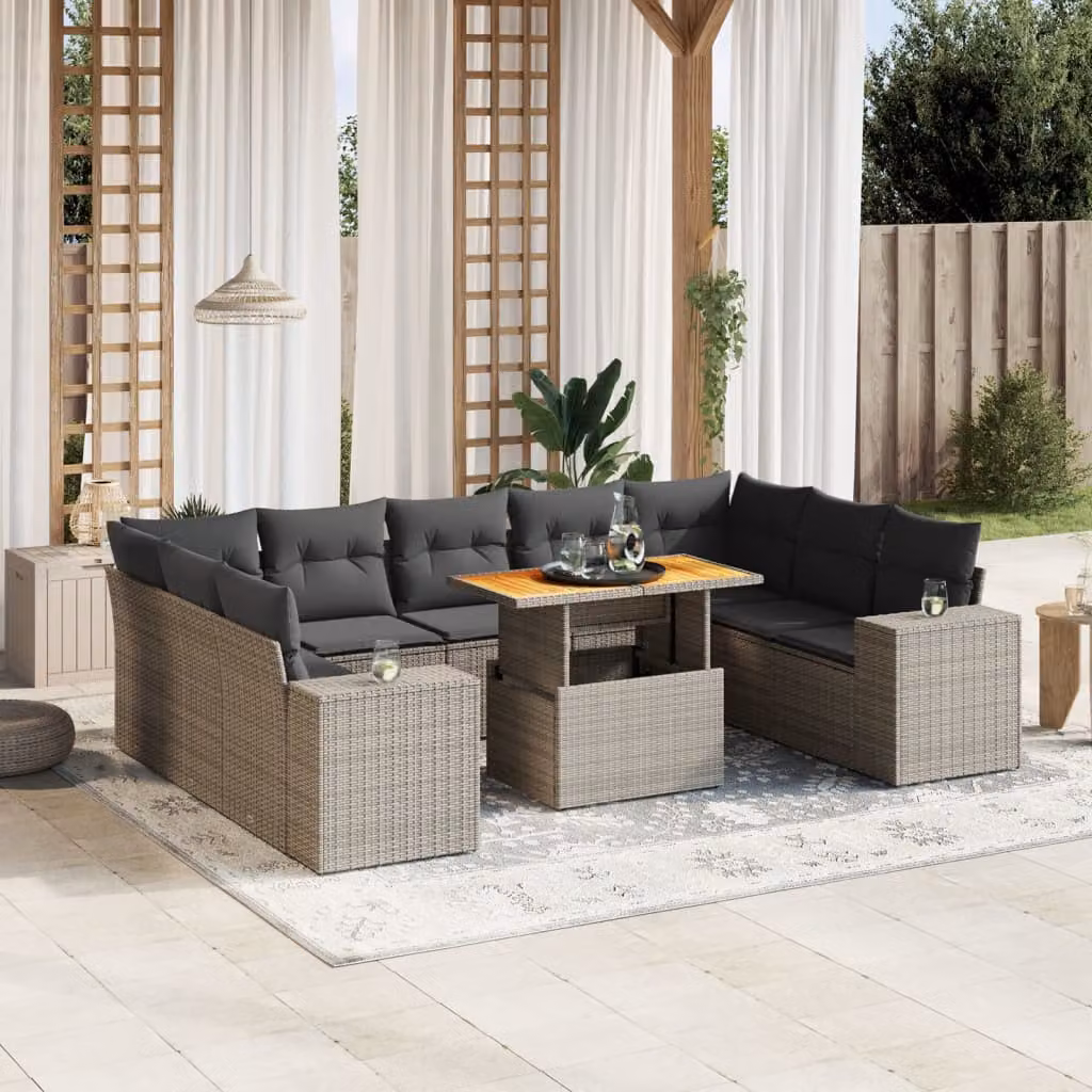 vidaXL Set Divano da Giardino 10 pz a Forma di L in Polyrattan Grigio con Cuscini e Tavolino – 1