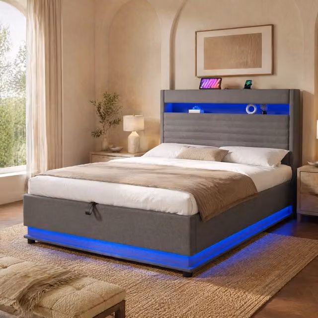 Letto imbottito 140x200 cm con illuminazione LED, ricarica USB Tipo-C e contenitore idraulico grigio