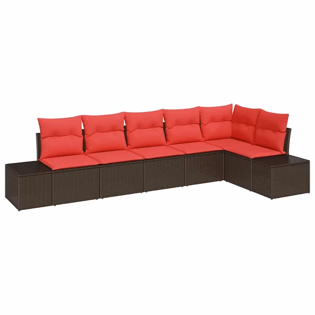 Set Divano da Giardino a L con Cuscini vidaXL, 6 posti, Marrone e Rosso, Struttura in Metallo e Polyrattan – 2