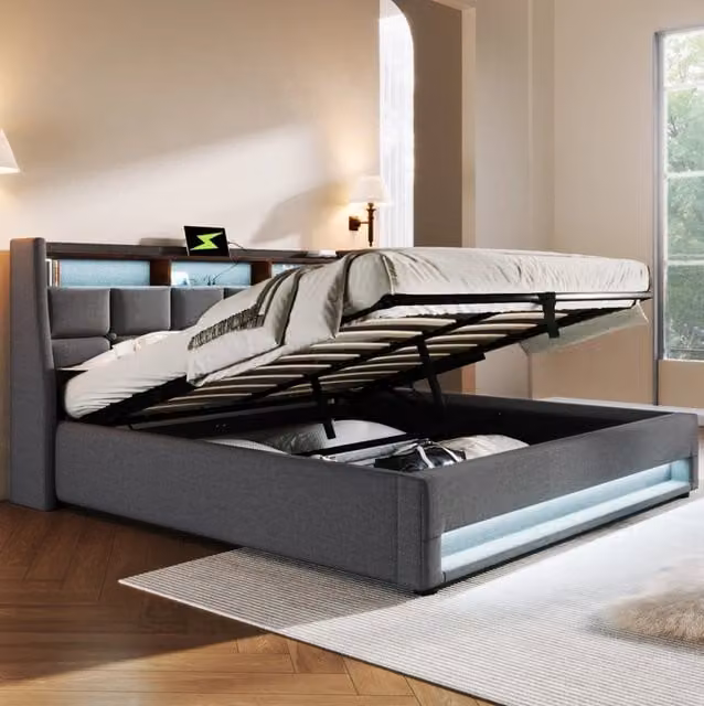 Letto imbottito grigio 140x200 cm con LED, USB e contenitore