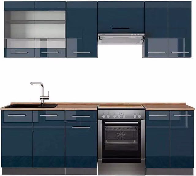 Cucina componibile moderna Fame-Line Vicco Blu scuro lucido e Antracite L: 240 cm