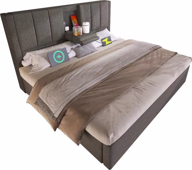 Letto matrimoniale 160x200 cm con contenitore idraulico; USB e portabicchieri; grigio
