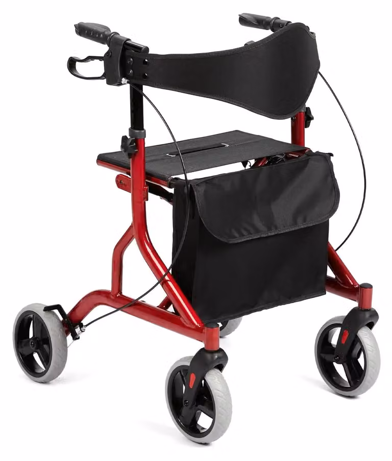 Deambulatore pieghevole per anziani - Struttura in alluminio pieghevole - Ruote in gomma da 20 cm - Portata massima 150 kg - Doppi freni - Sedile e tasca - Colore: nero