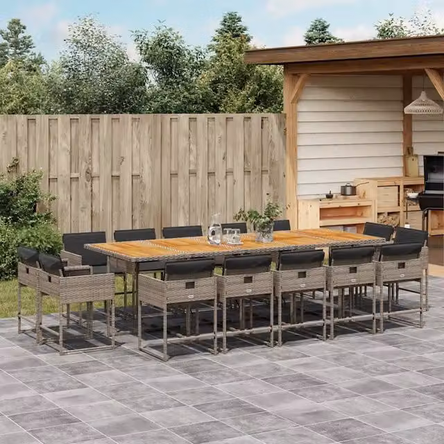 Set da pranzo da giardino vidaXL in polyrattan e legno di acacia grigio con 15 pezzi e cuscini