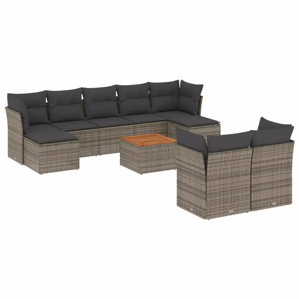 vidaXL Set Divano da Giardino 10 pz in Polyrattan Grigio con Cuscini e Tavolino – 2
