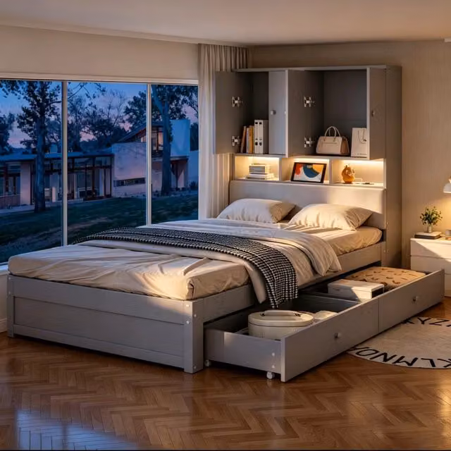 Letto singolo multifunzionale in legno 90x200 cm grigio con testiera imbottita; LED; presa e 2 cassetti