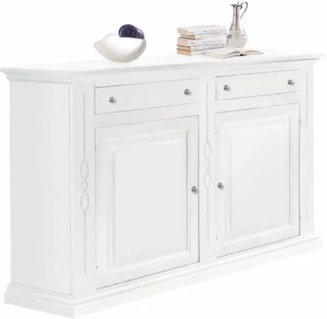 Credenza 2 ante 2 cassetti con arte povera in legno massello e mdf con rifinitura in bianco 177X48X110 H
