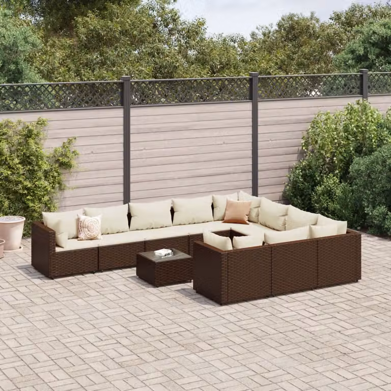vidaXL Set Divani da Giardino 11 pz in Polyrattan Marrone e Bianco con Cuscini e Tavolino da Esterno