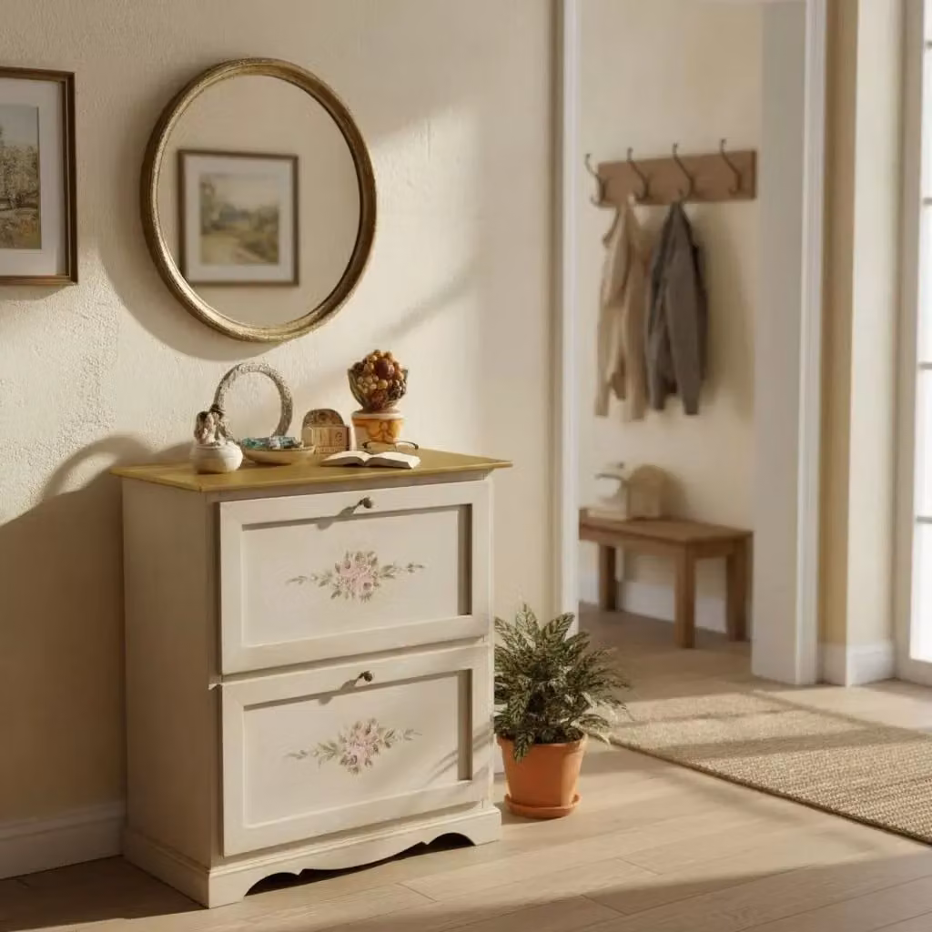 Scarpiera Mobili 2G in legno stile shabby chic con 2 ante ribalta, colore avorio anticato e dettagli oro, L: 79 cm, P: 30 cm, H: 90 cm – 1