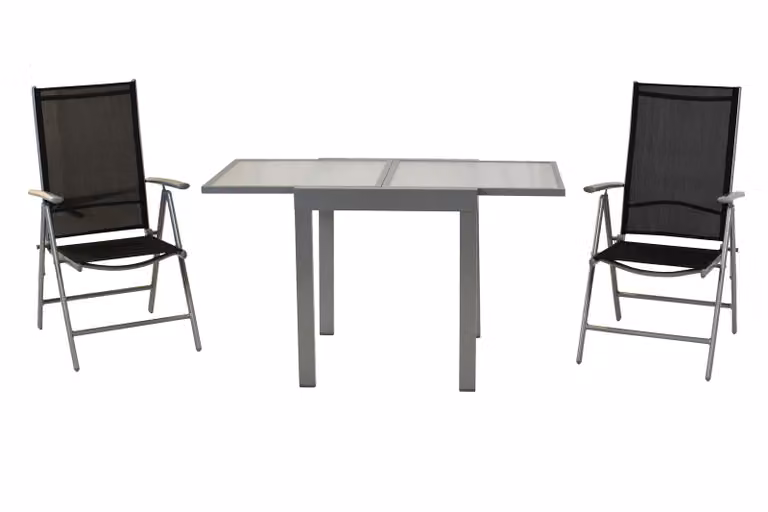 Set di mobili da giardino Merxx Amalfi 3 pezzi, 2 poltrone pieghevoli, tavolo allungabile da balcone 65 (130) x 65 cm, nero - alluminio/tessuto