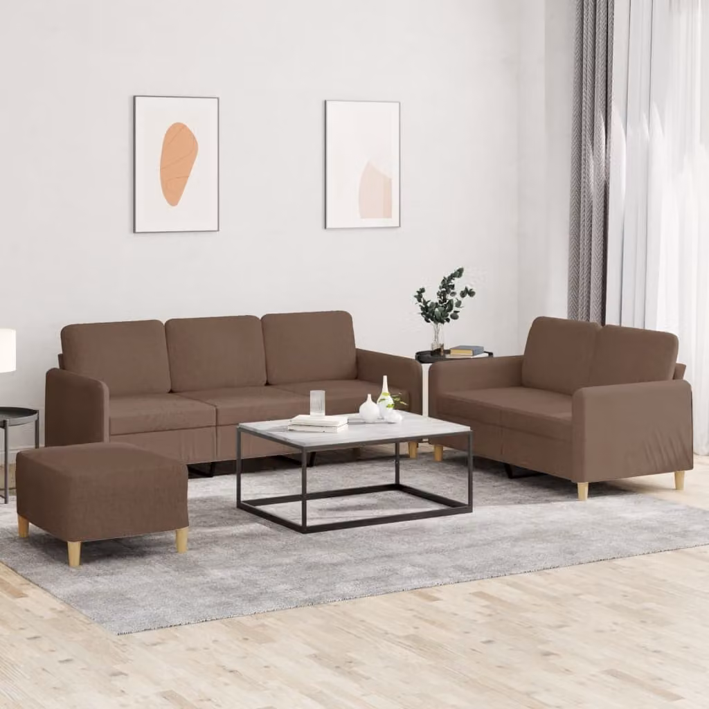 Set di divani moderno vidaXL composto da divano a 3 posti, divano a 2 posti e pouf, colore marrone in tessuto con cuscini inclusi