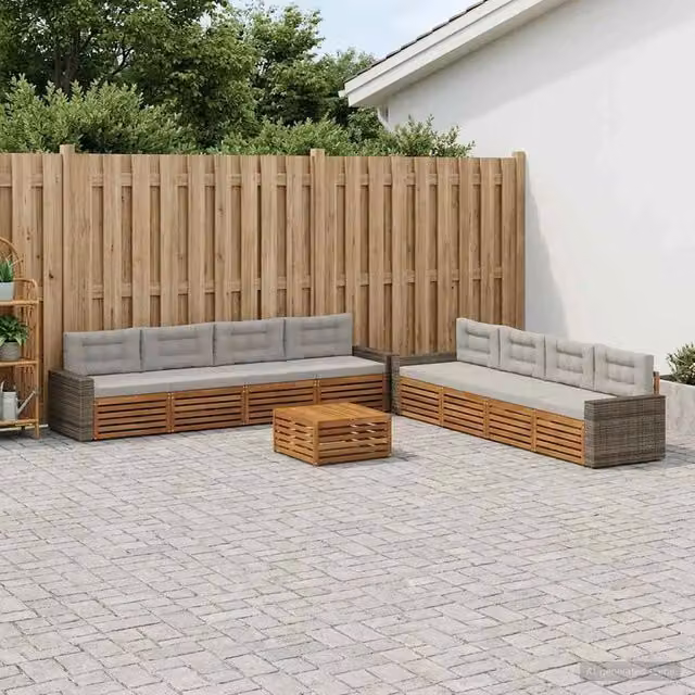Set di divani da esterno a forma di U vidaXL in legno di acacia con cuscini beige e grigio per giardino e terrazza