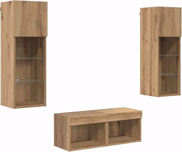 Set di 4 Mobiletti TV da Parete Design In in Legno Multistrato Rovere e Nero con Illuminazione Integrata e Compartimenti Media