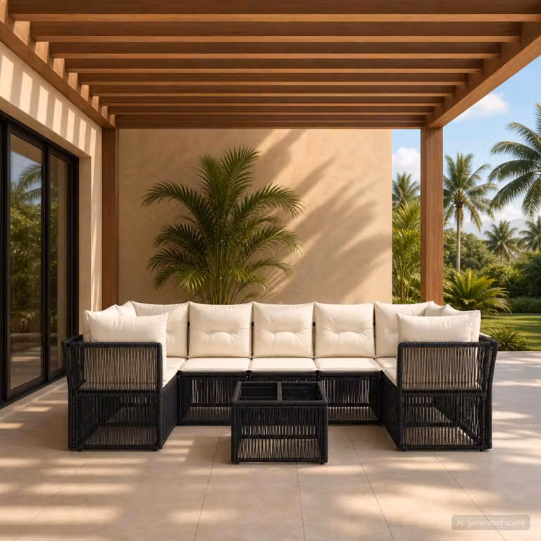 Set Divano da Giardino vidaXL 8 pz in Polyrattan Nero con Tavolino e Cuscini Imbottiti