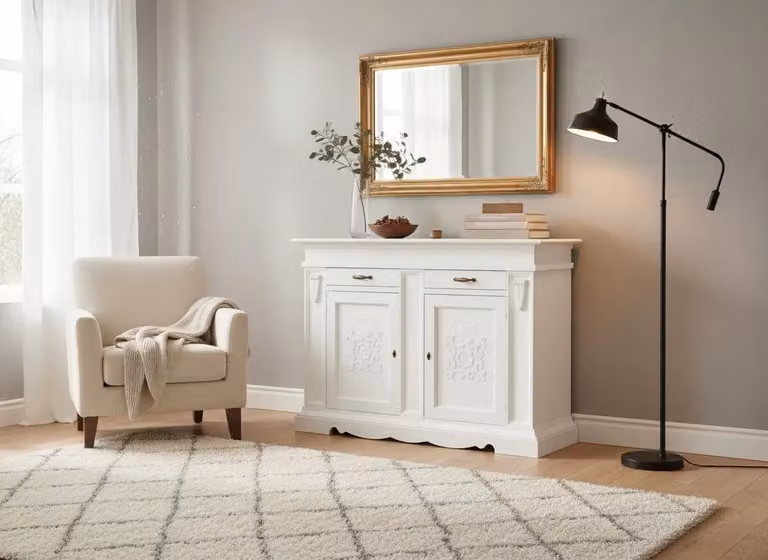 Credenza in legno di pioppo stile shabby chic bianco con 2 porte e 2 cassetti Mobili 2G L/P/H: 170 x 55 x 123 cm