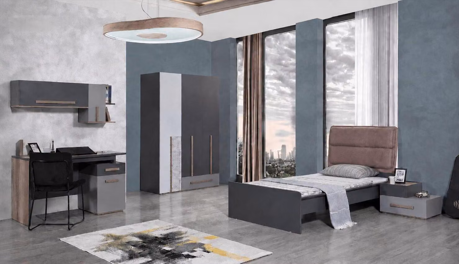 Letto singolo, letto per ragazzi, grigio, legno, testiera imbottita, design moderno