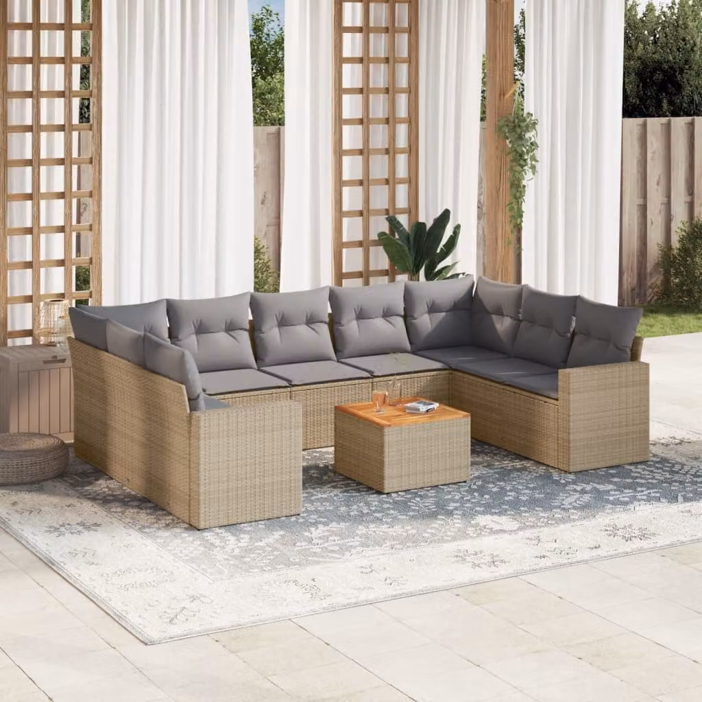 Set Divano da Giardino vidaXL 10 pz in Polyrattan con Cuscini Beige e Tavolino da Esterno – 1