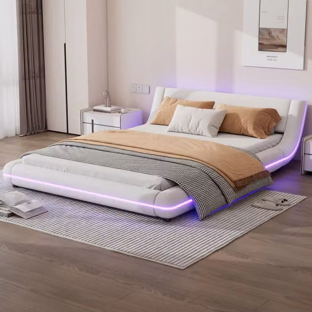 Letto basso 140x200 cm in PU bianco con luci LED colorate