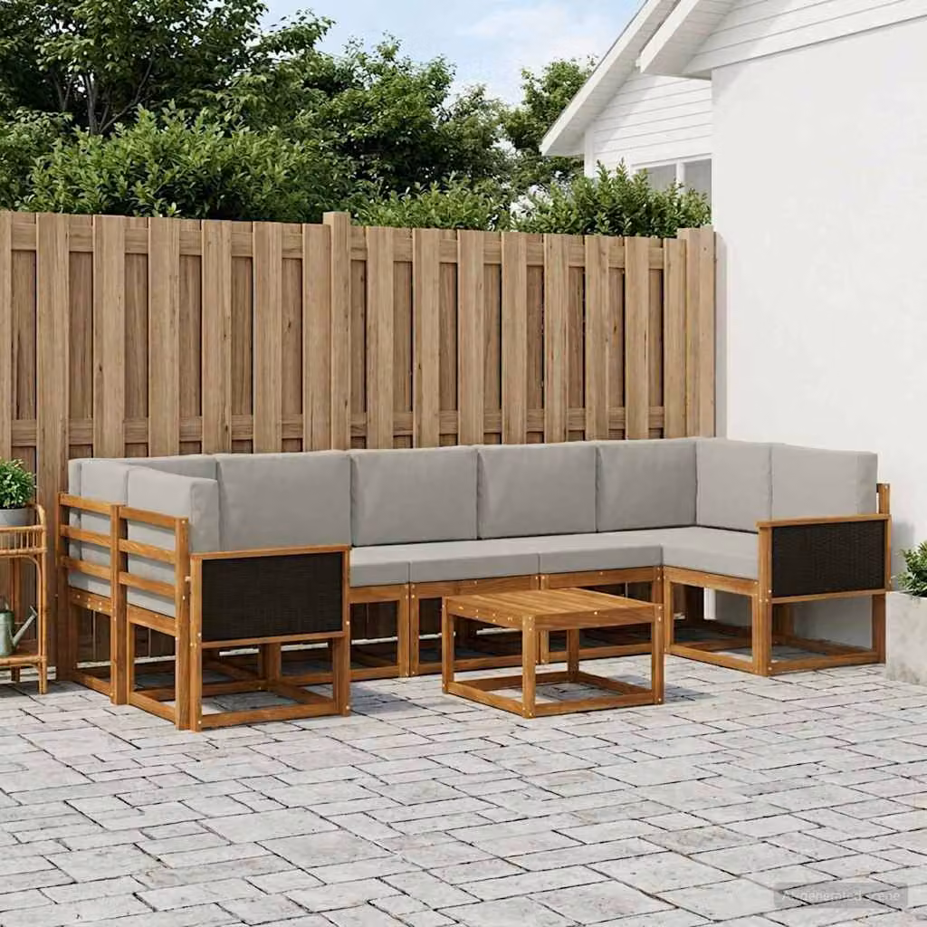 Set di divani da esterno vidaXL a forma di L in legno di acacia con tavolo da caffè e cuscini, Beige, Grigio e Marrone