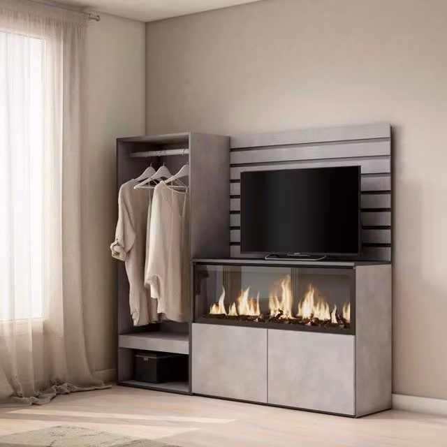 Credenza, 167x35x145cm, Camera da letto, Camino elettrico XXL, Armadio Aperto, grigio cemento RF3390