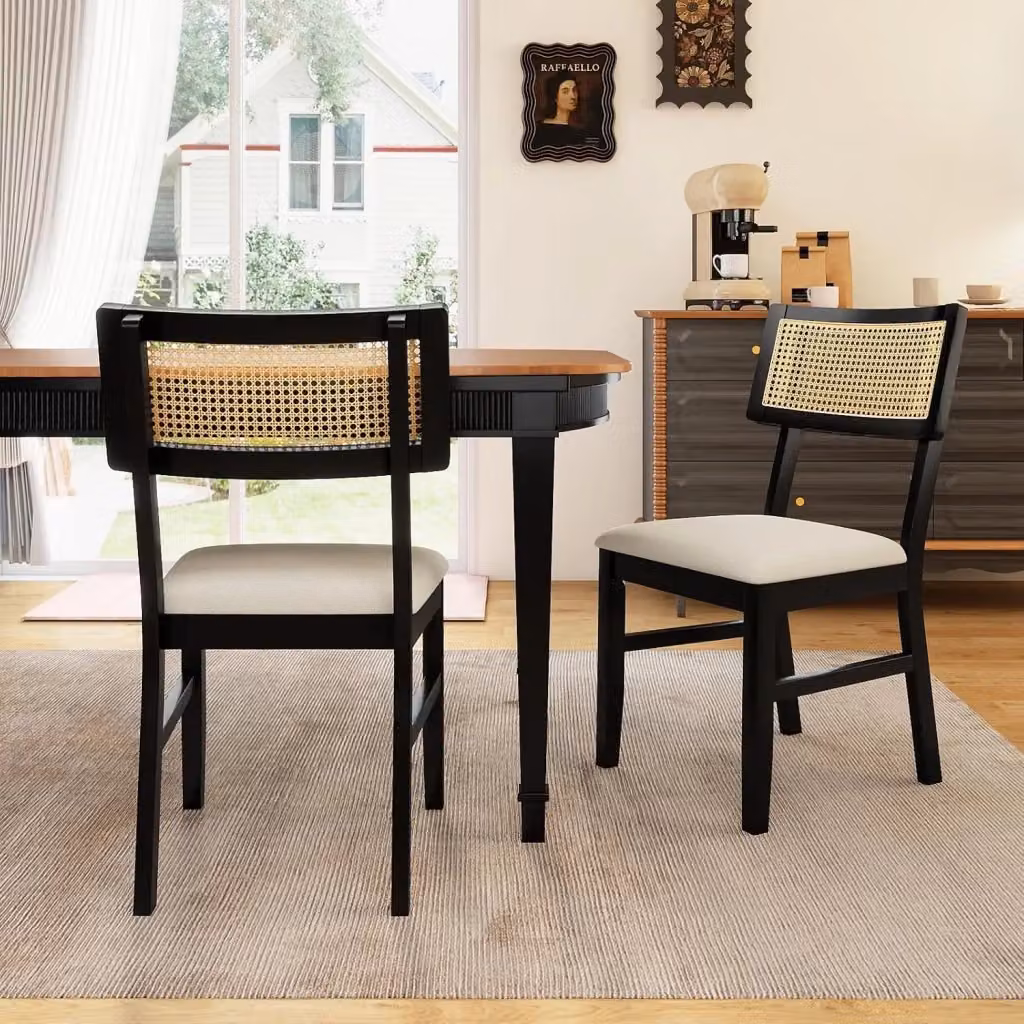 Set di 2 Sedie da Pranzo COSTWAY in Rattan e Legno con Rivestimento in Tessuto Nero e Schienale Curvo – 2
